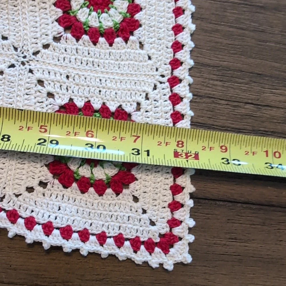 Handmade Crochet Table Runner 2pc Granny Square Cream Red Green 88X32 70X17